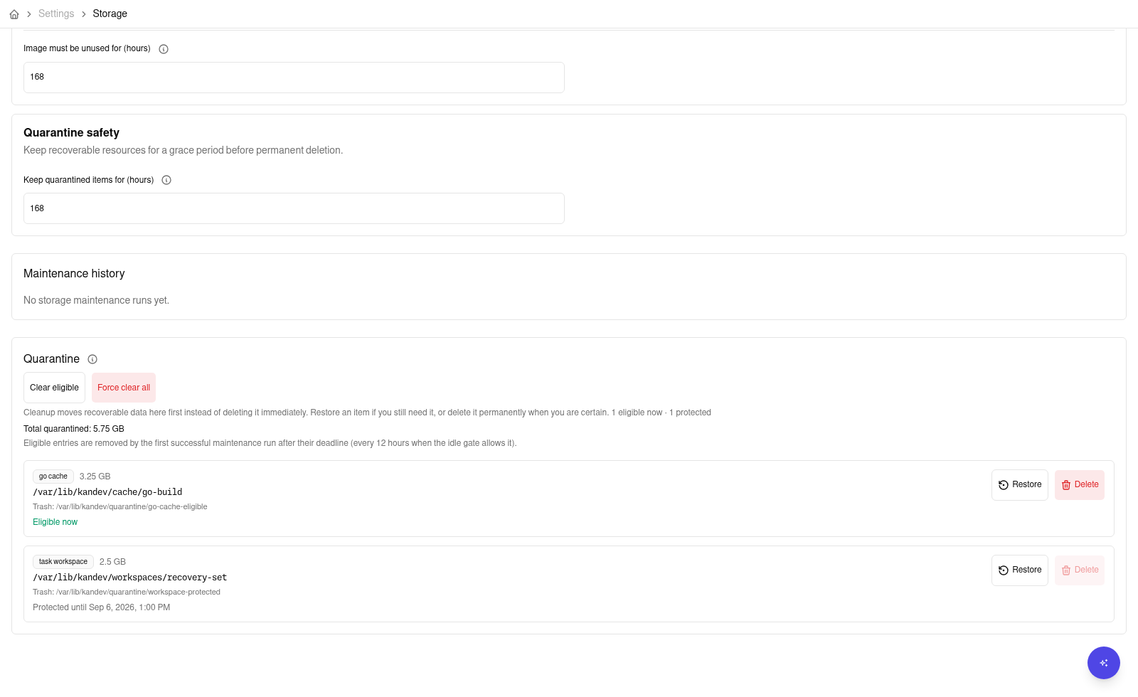 Settings > System > Storage showing quarantined resources with restore, delete, and force-clear controls.